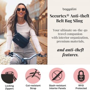 Baggallini Securtex Anti-theft Belt Bag 8.8″x5.5″ Crossbody Fanny Pack for Women RFID Wallet Locking Zipper Travel Purse