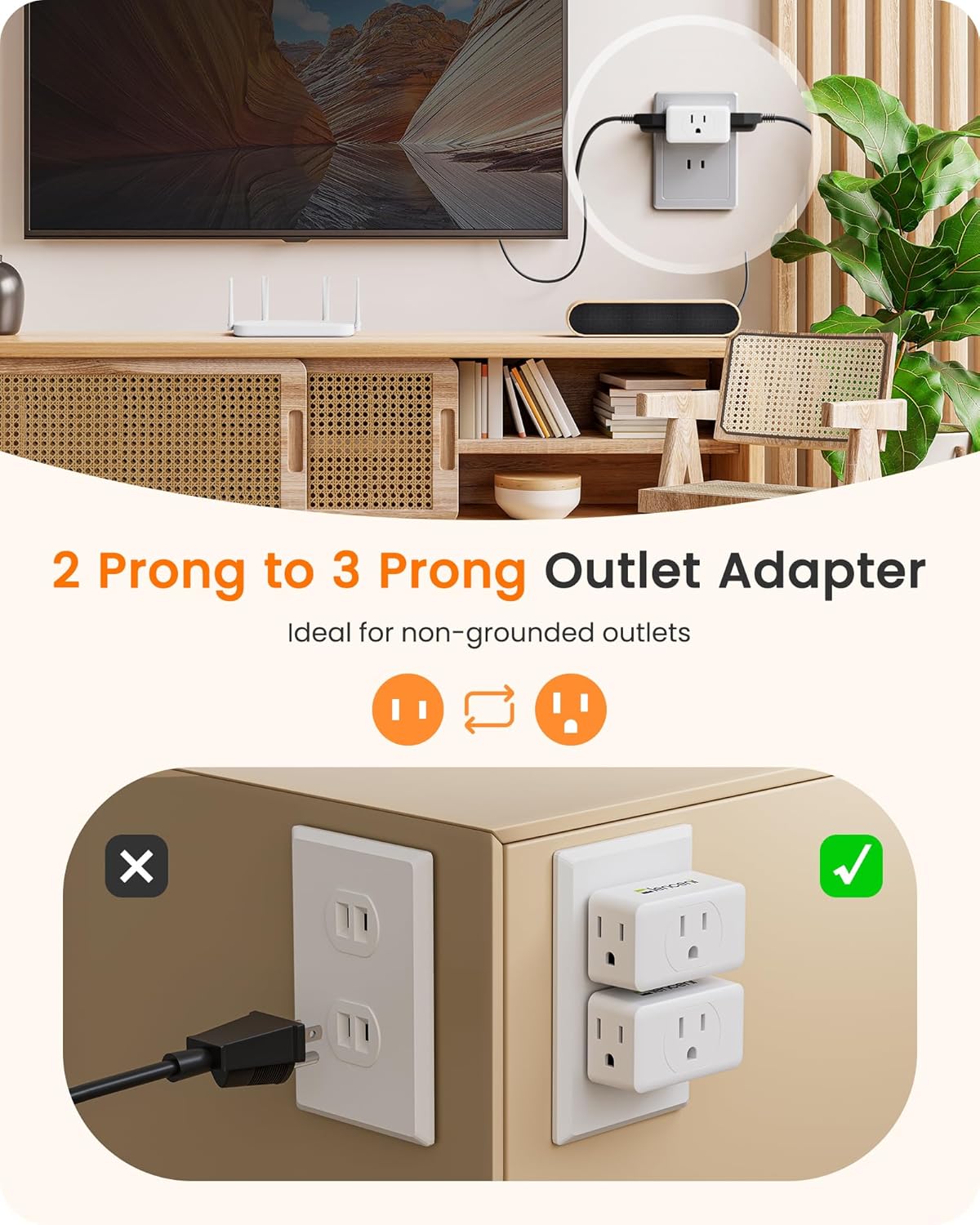 LENCENT 2 Prong to 3 Prong Outlet Adapter,Wall Plug Extender,Multiple Outlet Wall Plug with 3 AC Outlets,Non-Grounded Outlets Expander for Japan Travel Kitchen Office Bathroom Older House,2 Pack - Image 2