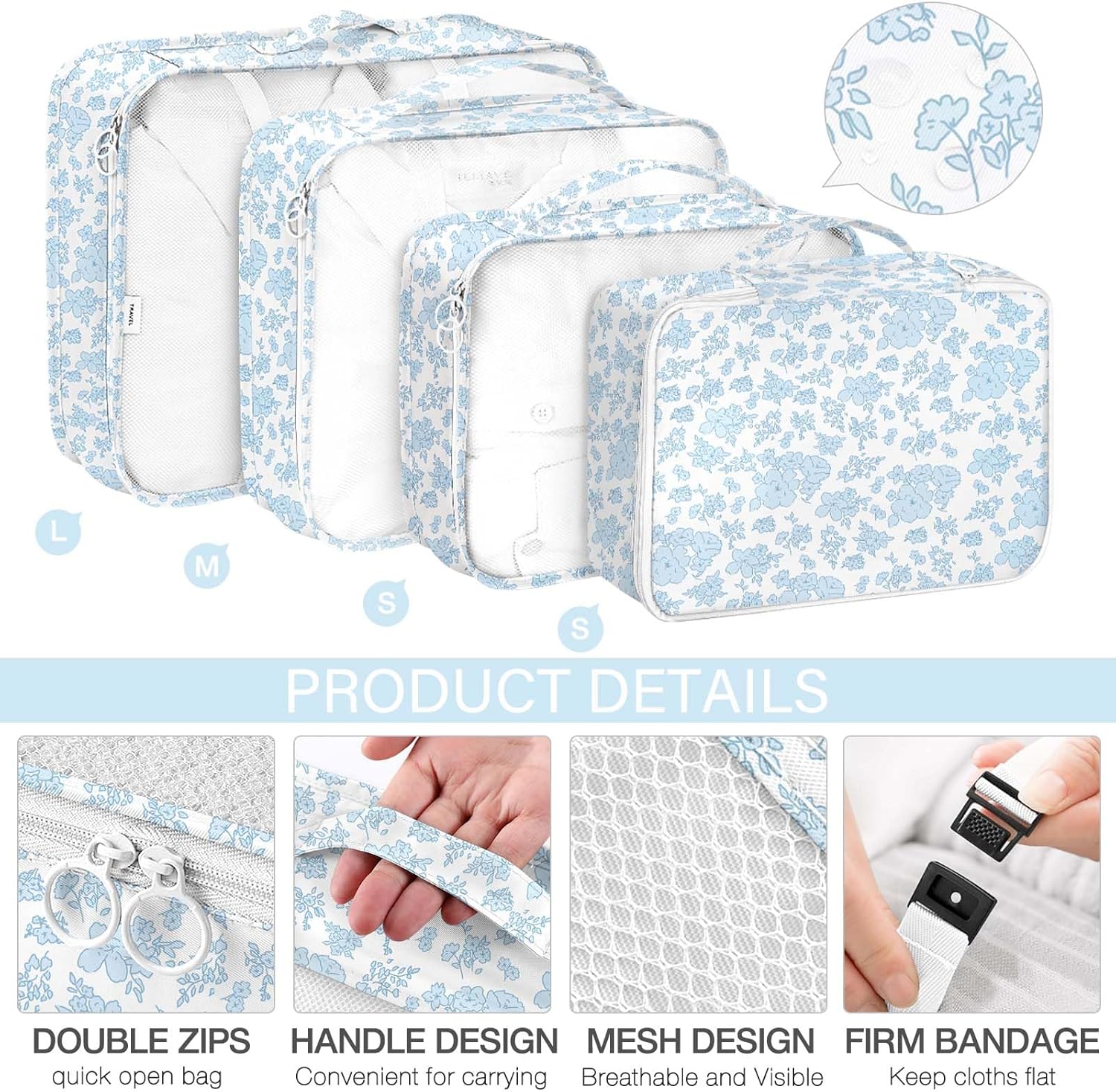 8 Set Packing Cubes for Travel, Luggage Packing Organizers Accessories Large Toiletries Bag for Clothes Shoes Cosmetics (Blue Flower) - Image 3