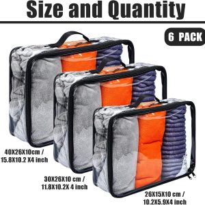 Hillban 6 Pcs Black Large Clear Travel Packing Cube 3 Sizes See Through PVC Organizer for Suitcase Multipurpose Pouch with Handle Vinyl Zippered Storage Bags Luggage Cube Organizer