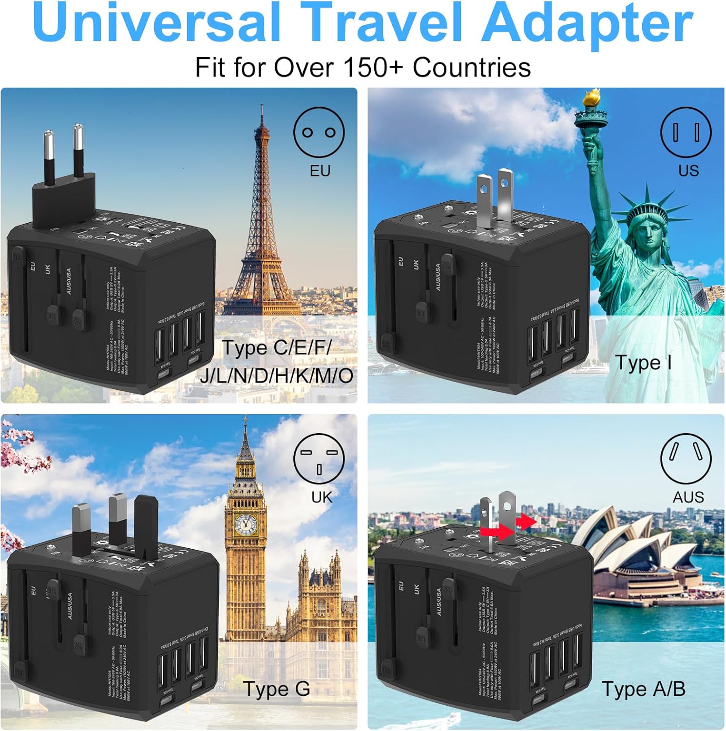 Universal Travel Adapter, 6-Port 6.0A 30W International Power Adapter with 4 USB-A, 2 USB-C Ports & 1 AC Outlet, European Travel Plug Adapter Travel Essentials(Type C/G/A/I) - Image 3
