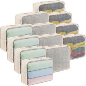 12 Pcs Packing Cubes for Suitcase Travel Luggage Organizers Bulk Large Mesh Clothing Underwear Bags Foldable Laundry Bags for Hiking Camping Backpacking Clothes Accessories (Beige)