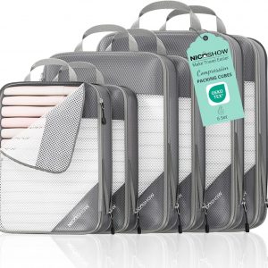 6 Set Compression Packing Cubes for Travel – Compressible, Lightweight, and Space-Saving Packing Cubes, Travel Essentials for Women, Grey
