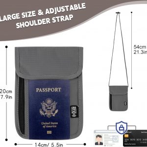 5.5″ L x 7.9″ W Travel Neck Wallet, RFID Blocking Passport Holder, Security Lightweight Passport Travel Wallet, Neck Pouch Gifts for Women Men(Grey)