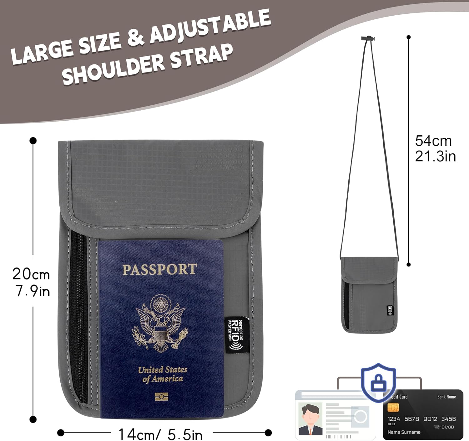 5.5" L x 7.9" W Travel Neck Wallet, RFID Blocking Passport Holder, Security Lightweight Passport Travel Wallet, Neck Pouch Gifts for Women Men(Grey) - Image 2