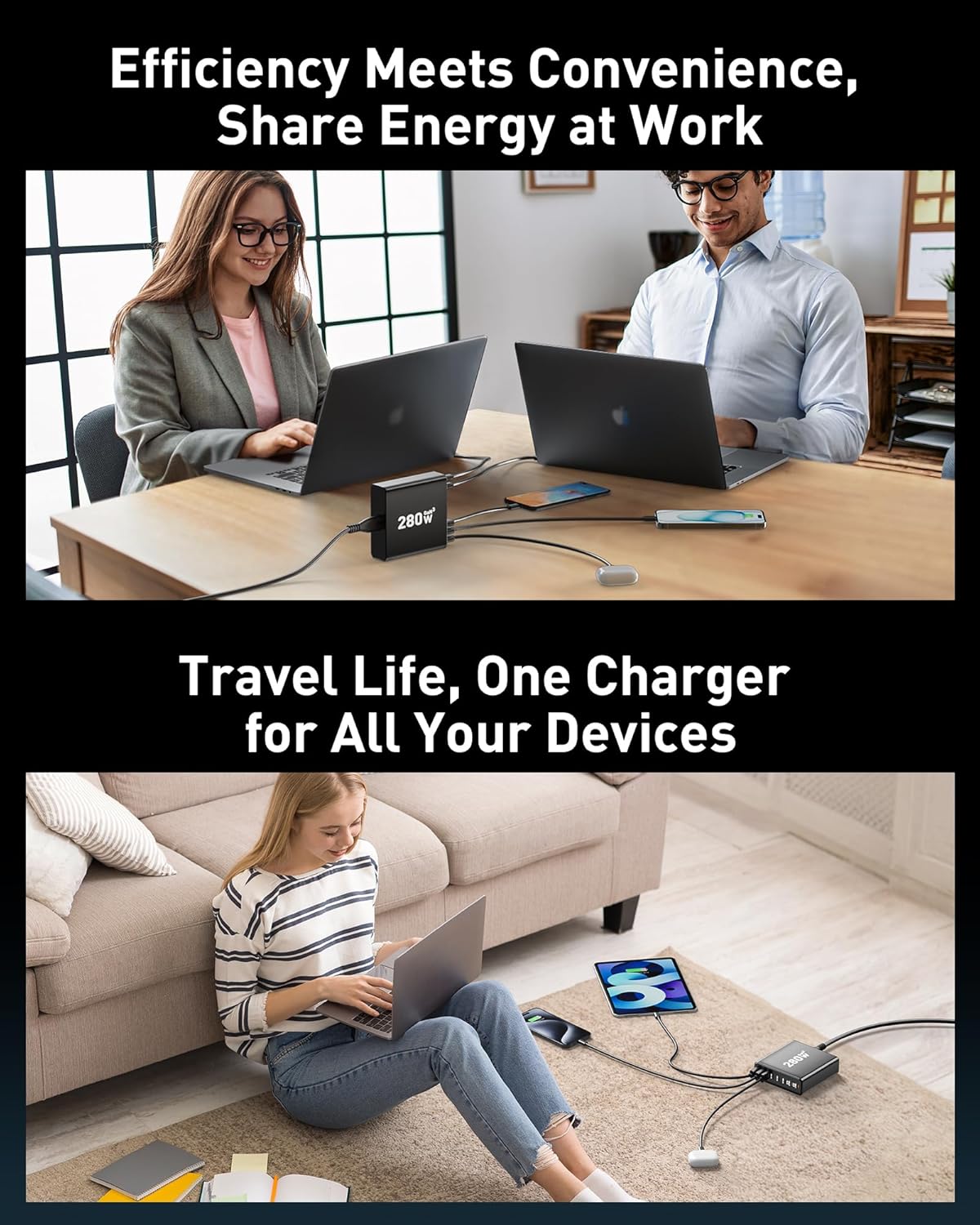 280W USB C Charger Block, 8-Port USB C Charging Station GaN III PD 65W Laptop Charger Adapter Compatible with MacBookPro/Air,DELL,iPad,Portable Charging Station for iPhone,Samsung Galaxy (Black) - Image 6