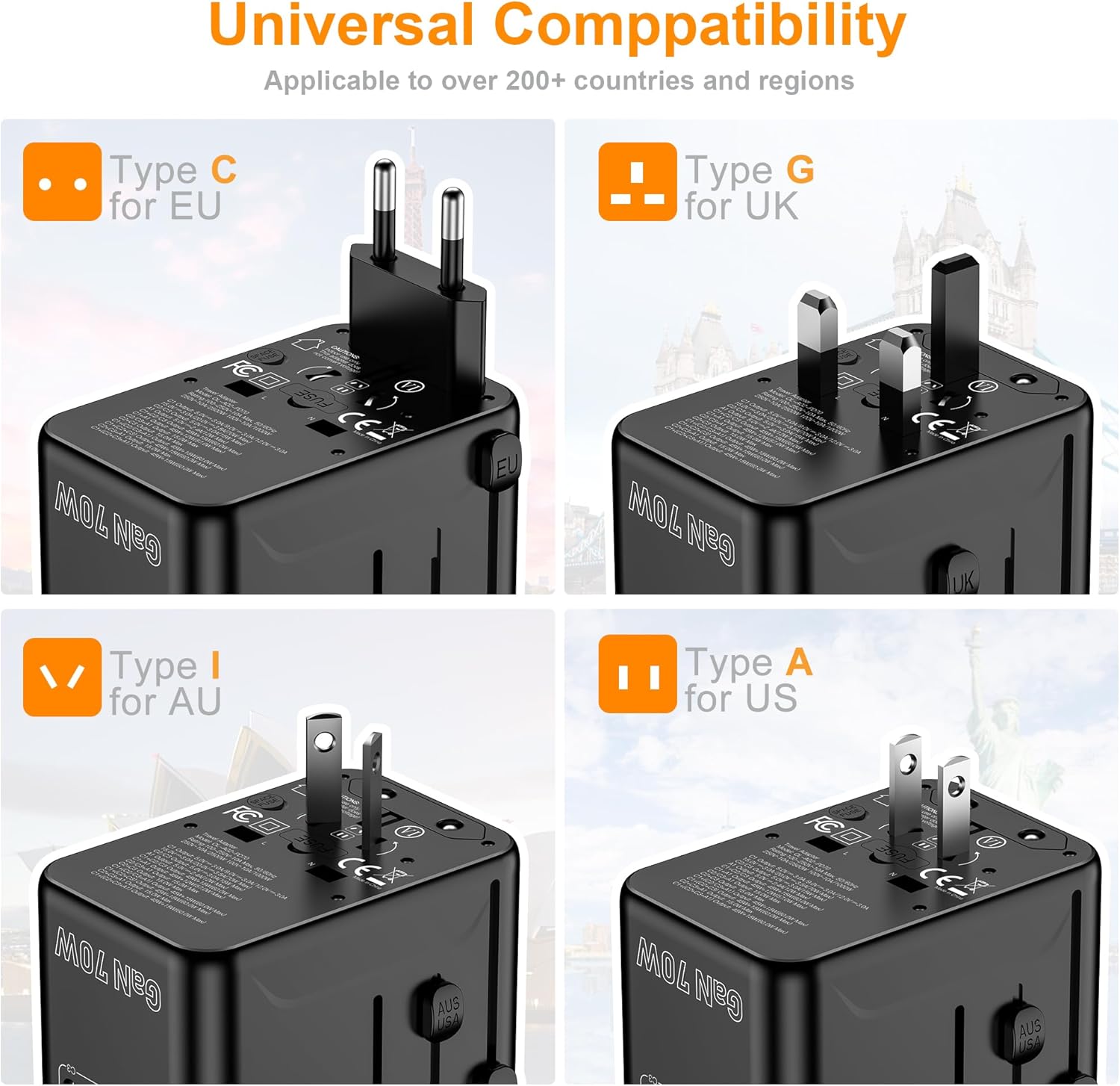 Universal Travel Adapter, VYLEE 70W International Plug Adapter with PD Fast Charging, 5-Port (1 AC/1 USB-A/3 USB-C), Wall Charger Worldwide Travel Essentials Plug for USA EU UK AUS Japan (Black) - Image 5