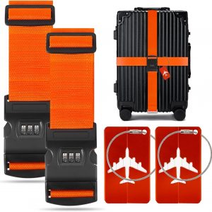 BILIONE 2 Pack Luggage Straps for Suitcases with Password Lock & Metal Tags, Adjustable Suitcase Belt & Travel Belt, Secure & Identify Luggage Connector Straps to Connect Two Bags 20-34 Inch (Orange)