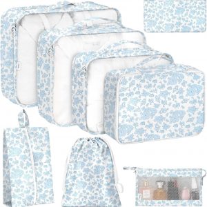 8 Set Packing Cubes for Travel, Luggage Packing Organizers Accessories Large Toiletries Bag for Clothes Shoes Cosmetics (Blue Flower)
