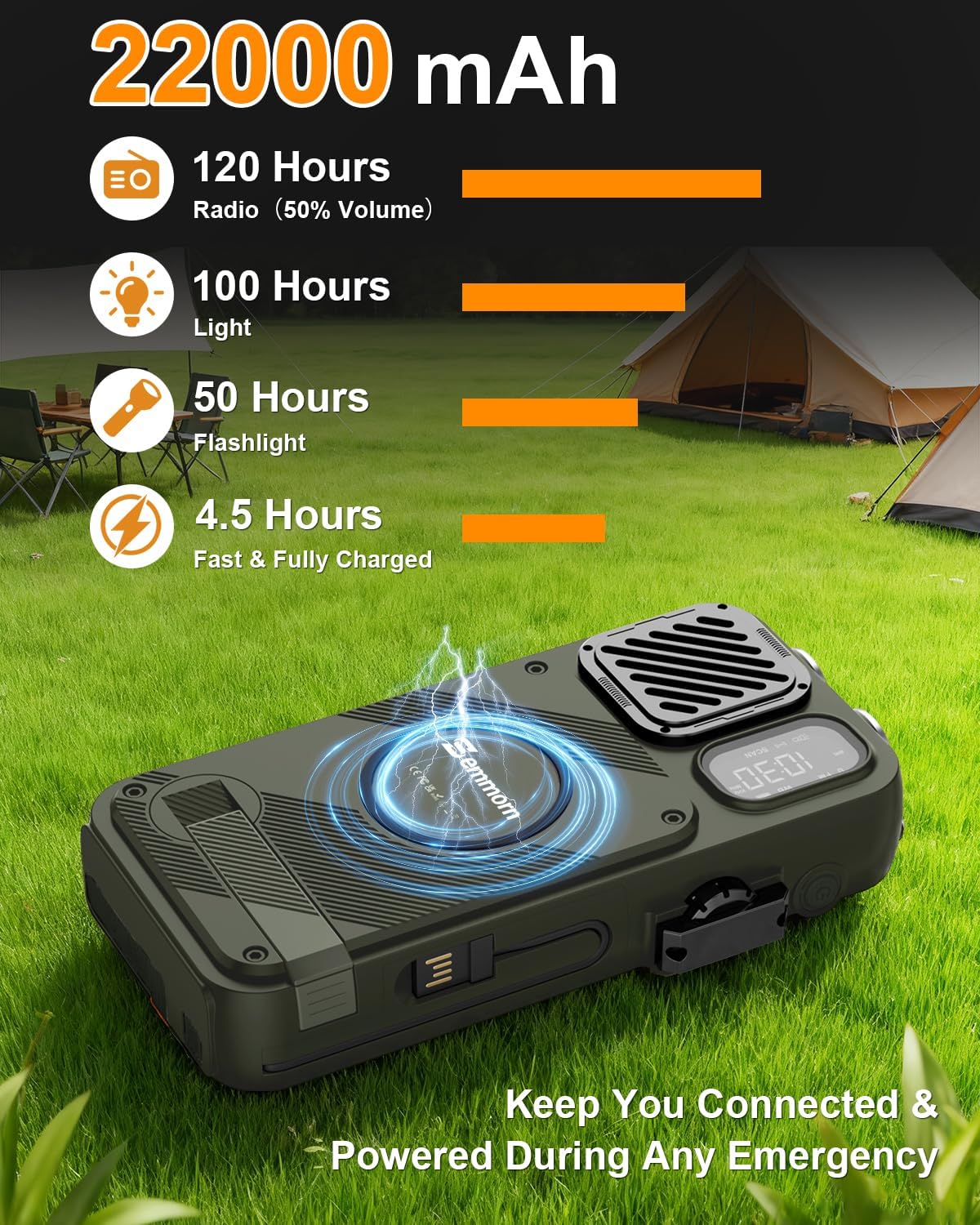 Emergency Radio&22000mAh Solar Power Bank, FM NOAA Weather Radio, Portable Hand Crank Bluetooth Radio, 20W Fast Charge Wireless Phone Charger, SOS Flashlight for Emergency/Home - Image 3