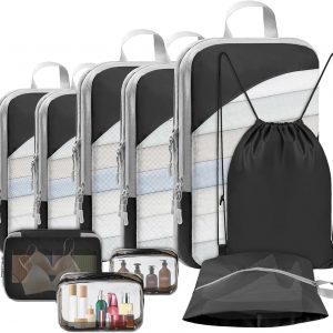 10 Set Compression Packing Cubes, Lightweight Travel Essentials, Stretchable Expandable Storage Bags, Compression Bags for Travel Accessories Luggage Storage Set (10 Pcs, Black)