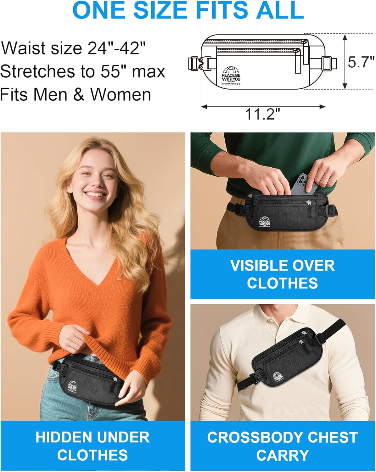 Hidden Money Belt for Travel, RFID Blocking, Sweat-Proof, Heavy-Duty Buckle, 3rd Gen Waist Wallet Anti Theft to Protect Cash, Credit Cards and Documents Under-Clothes for Men & Women, Black - Image 6