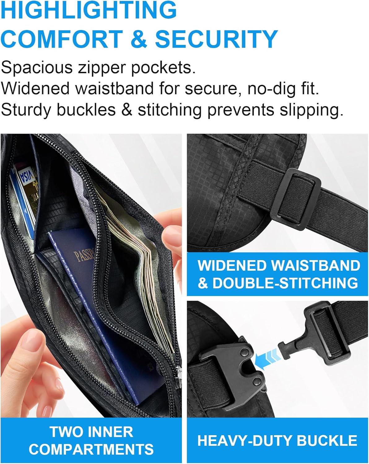 Hidden Money Belt for Travel, RFID Blocking, Sweat-Proof, Heavy-Duty Buckle, 3rd Gen Waist Wallet Anti Theft to Protect Cash, Credit Cards and Documents Under-Clothes for Men & Women, Black - Image 5