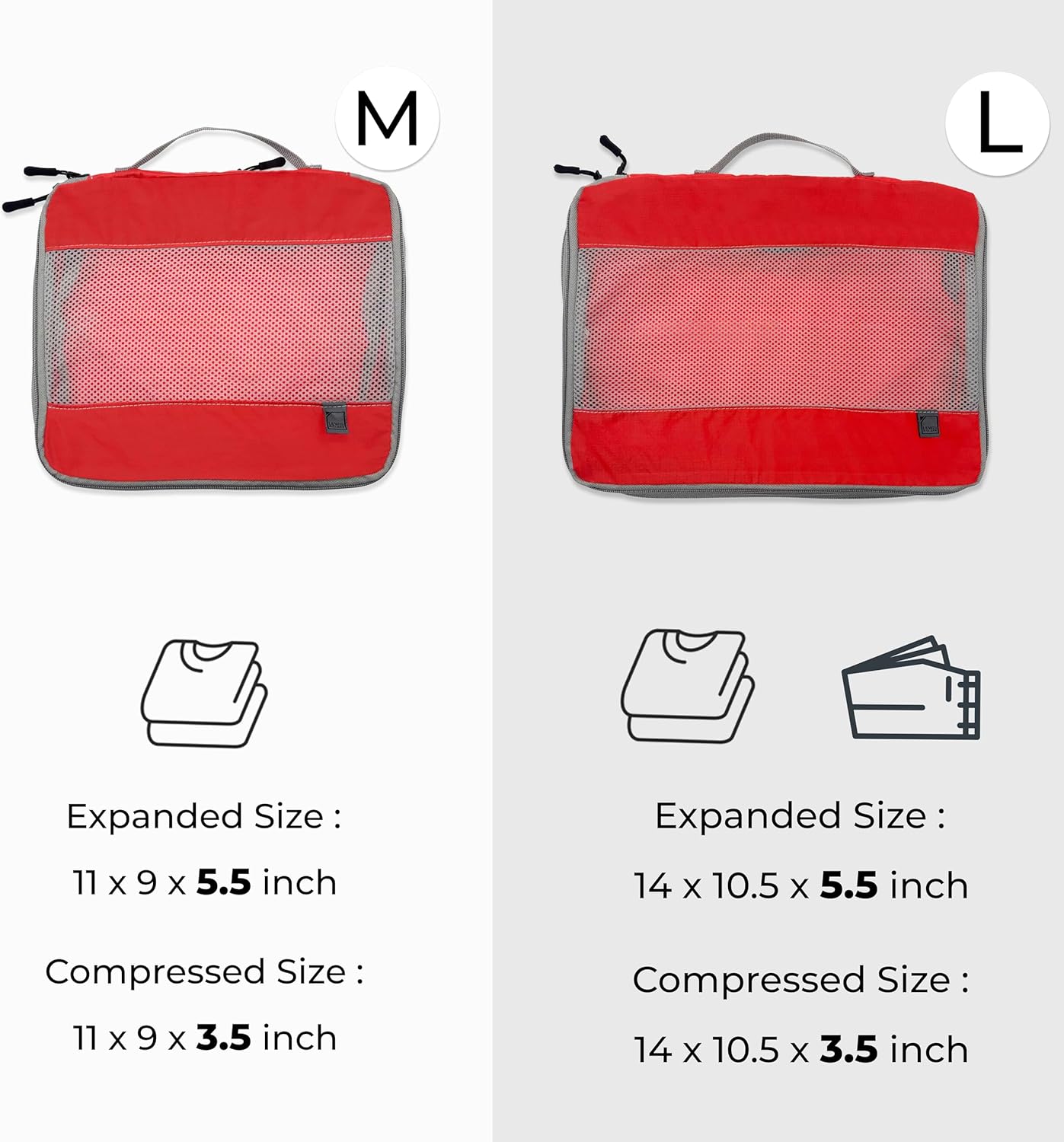 Lewis N. Clark ElectroLight Expandable Compression-Packing Cube + Travel Organizer for Luggage, Suitcase or Carry On with Smart Design Grab Handle & Breathable Mesh, 2-Pack (1 Med, 1 Large), Red - Image 5