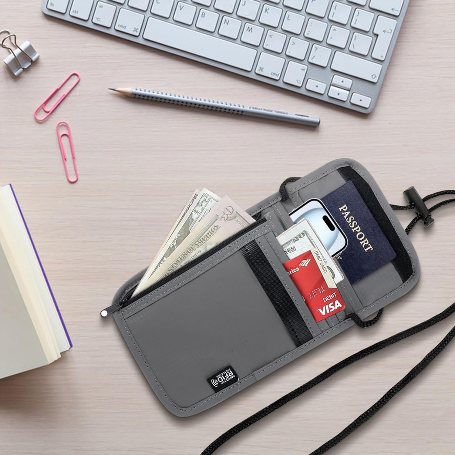 5.5" L x 7.9" W Travel Neck Wallet, RFID Blocking Passport Holder, Security Lightweight Passport Travel Wallet, Neck Pouch Gifts for Women Men(Grey) - Image 5