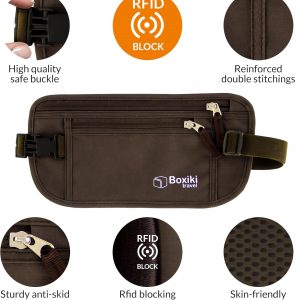 Money Belt for Travel with RFID Blocking Technology – Hidden Travel Money Pouch for Cash, Credit Cards, Passport, and Travel Valuables – Secure Water Resistant Money Belt for Men and Women (Brown)