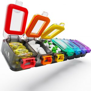 Fullicon Weekly Pill Organizer 7 Day Ultra Moisture and Spill Proof Daily Pill Box, Large Medicine Case with Secure Buckle, Compact Travel Pill Container for Pill, Vitamin, & Fish Oil (Rainbow Black)