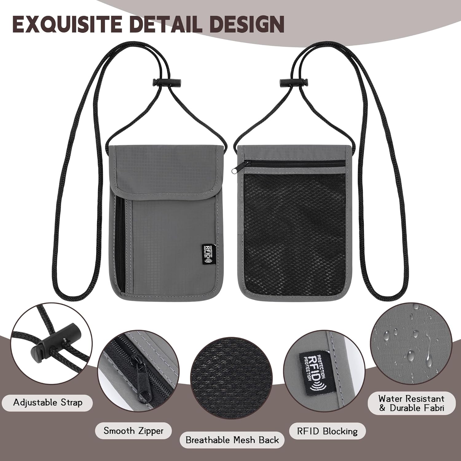 5.5" L x 7.9" W Travel Neck Wallet, RFID Blocking Passport Holder, Security Lightweight Passport Travel Wallet, Neck Pouch Gifts for Women Men(Grey) - Image 3