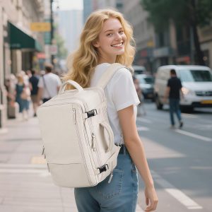 Travel Backpack for Women, Expandable 40L Carry on Flight Approved Backpack, 17 Inch Laptop Waterproof Travel Bag for College, Travel, Work, Beige