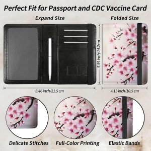 Family Passport & Vaccine Card Holder PU Leather Organizer with A Pen & Multiple Pockets – RFID Blocking & Elastic Band for Secure Travel Storage,Cherry Blossom