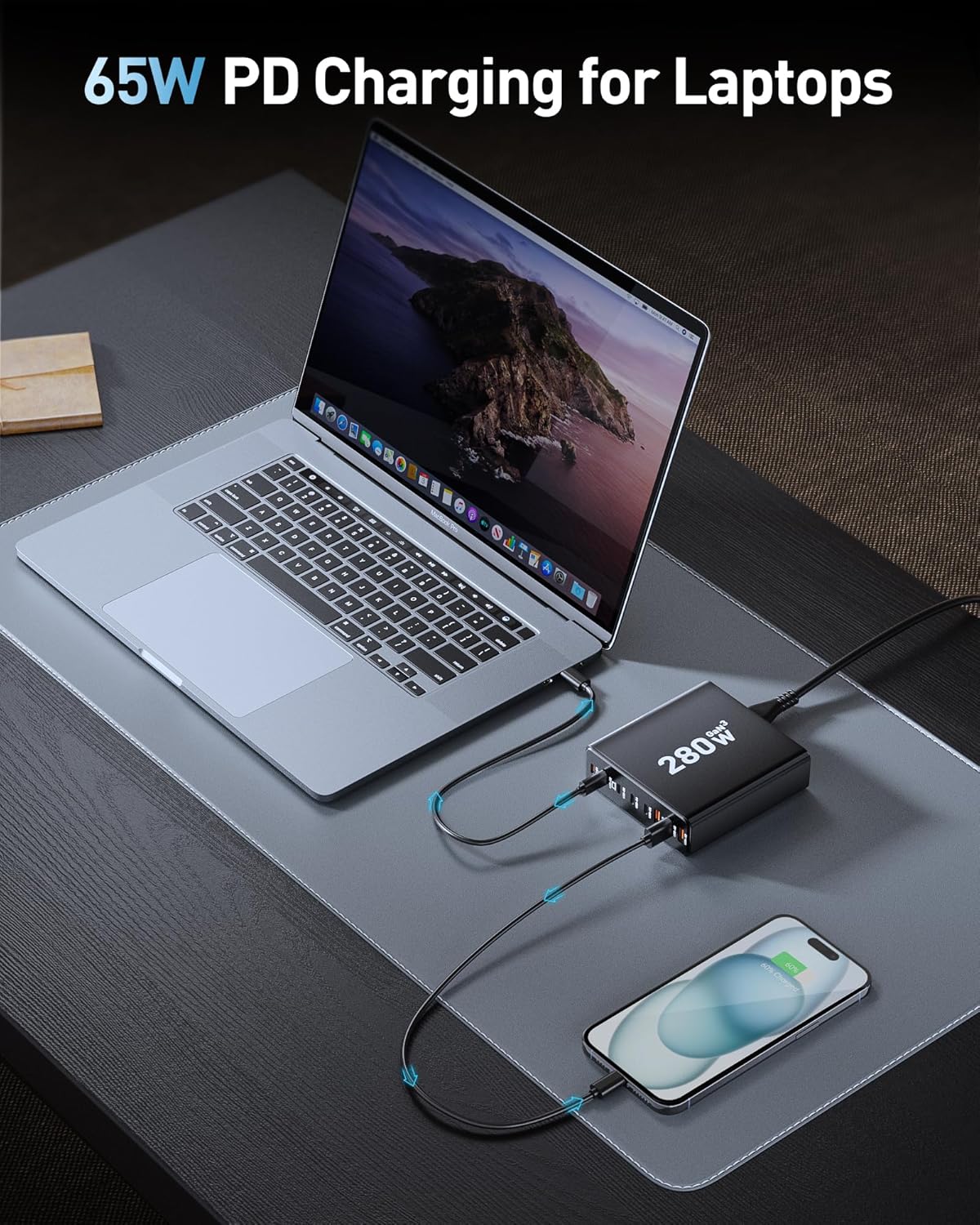 280W USB C Charger Block, 8-Port USB C Charging Station GaN III PD 65W Laptop Charger Adapter Compatible with MacBookPro/Air,DELL,iPad,Portable Charging Station for iPhone,Samsung Galaxy (Black) - Image 4