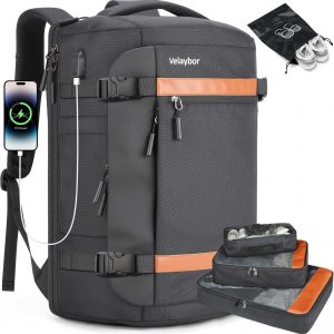 42L Travel Backpack with 4 Packing Cubes, TSA Friendly Flight Approved Carry-On Bag with USB Charging Port, Water-Resistant Weekender Business Backpack for Men Women, Fits 17.3″ Laptop(Black)
