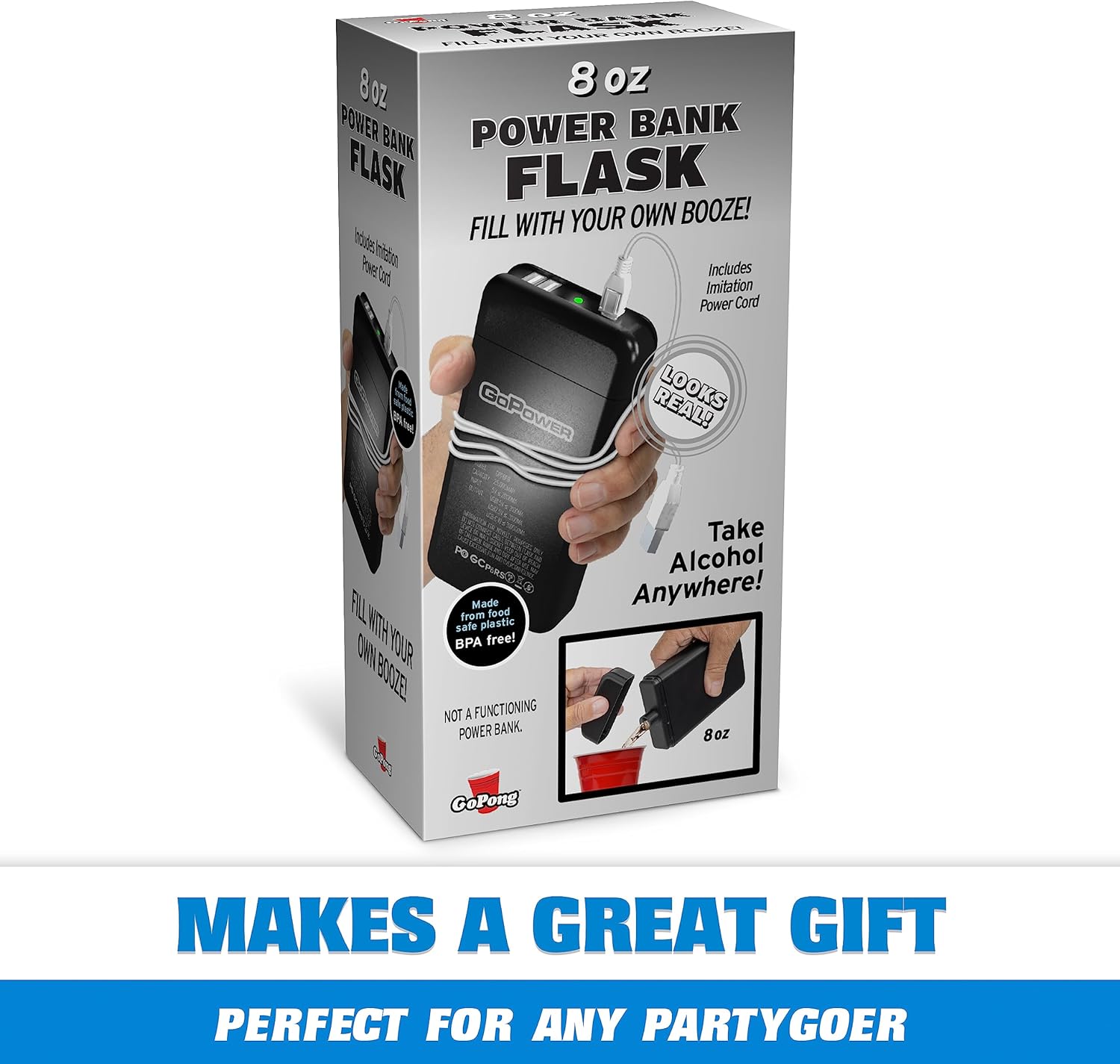 GoPong Power Bank Flask (8 oz) - Hidden Alcohol Travel Flask – Secret Liquor Container for Beaches, Cruises, and Sports Events – Includes Funnel & Spout - Image 6