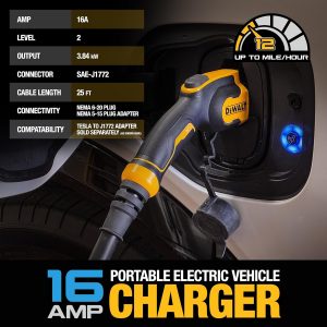 DEWALT Level 1 & 2 Portable Electric Vehicle (EV) Charger, 16 Amps, 120-240V, CSA Certified Indoor/Outdoor, NEMA 6-20 with 5-15 Adapter Included, 25 ft. Cable, 2024 Model