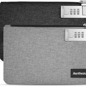 Money Bag with Lock, Aerthezu Cash Locking Bags with Zipper, Travel Safe Lockable Bank Bag, 2 Pack,Black & Grey – Size:5×8 Inches