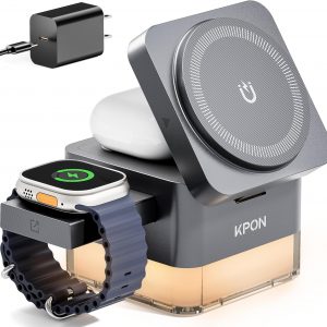 KPON for iPhone Nightstand Charging Station,15W 3 in 1 Wireless Phone Charger Stand with Night Lamp, Travel Foldable Magnetic Cube Magsafe Dock for iPhone 17 16 15 14 13 12 Series/Apple Watch/Airpods