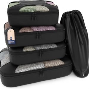 Shacke Premium 5 Packing Cubes Set – Lightweight Mesh Travel Luggage Organizers with Laundry Bag, 5-Piece Suitcase Storage System (Black)