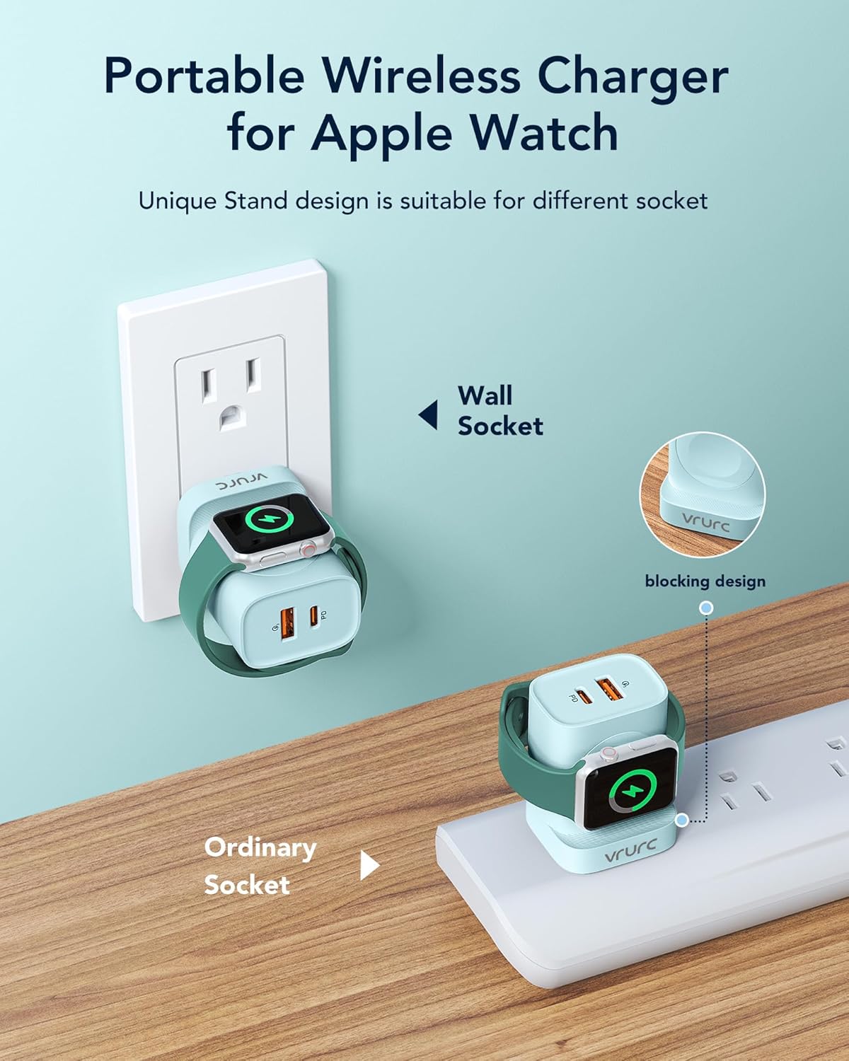 VRURC for Apple Watch Charger, Wireless Magnetic Portable iWatch Charger, PD 20W 3-in-1 Travel Essentials Fast Charging Block for iWatch Ultra/SE/11/10/9/8/7/6/5,iPhone 17/16/15/14/13 etc-Green - Image 2