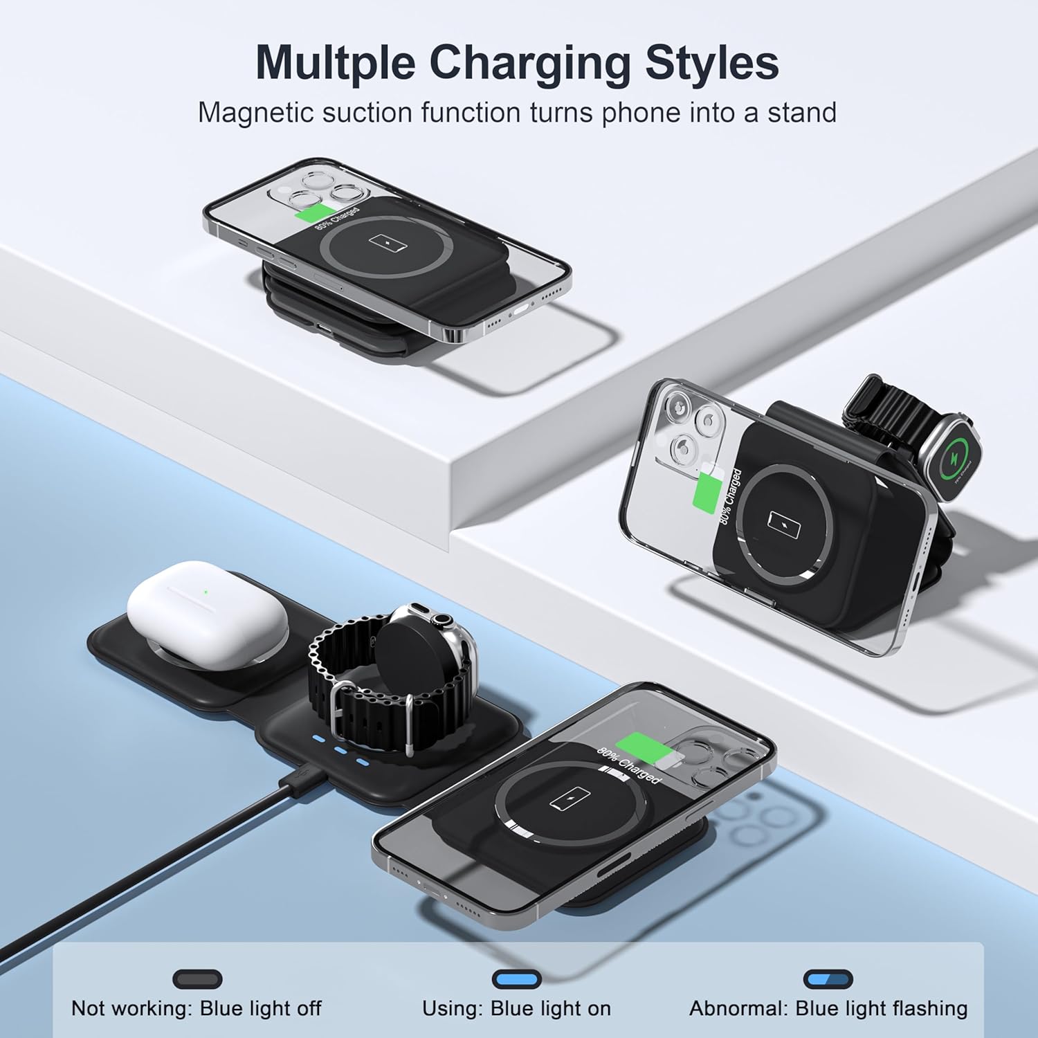 UCOMX 3 in 1 Charging Station for Multple Devices,Foldable 3 in 1 Wireless Charger for Travel,Nano Wireless Charging Station for iPhone16 15 14 13 12 Pro Max/Watch 10 9 8 7 6 5 4 3 Ultra/AirPod Pro - Image 3