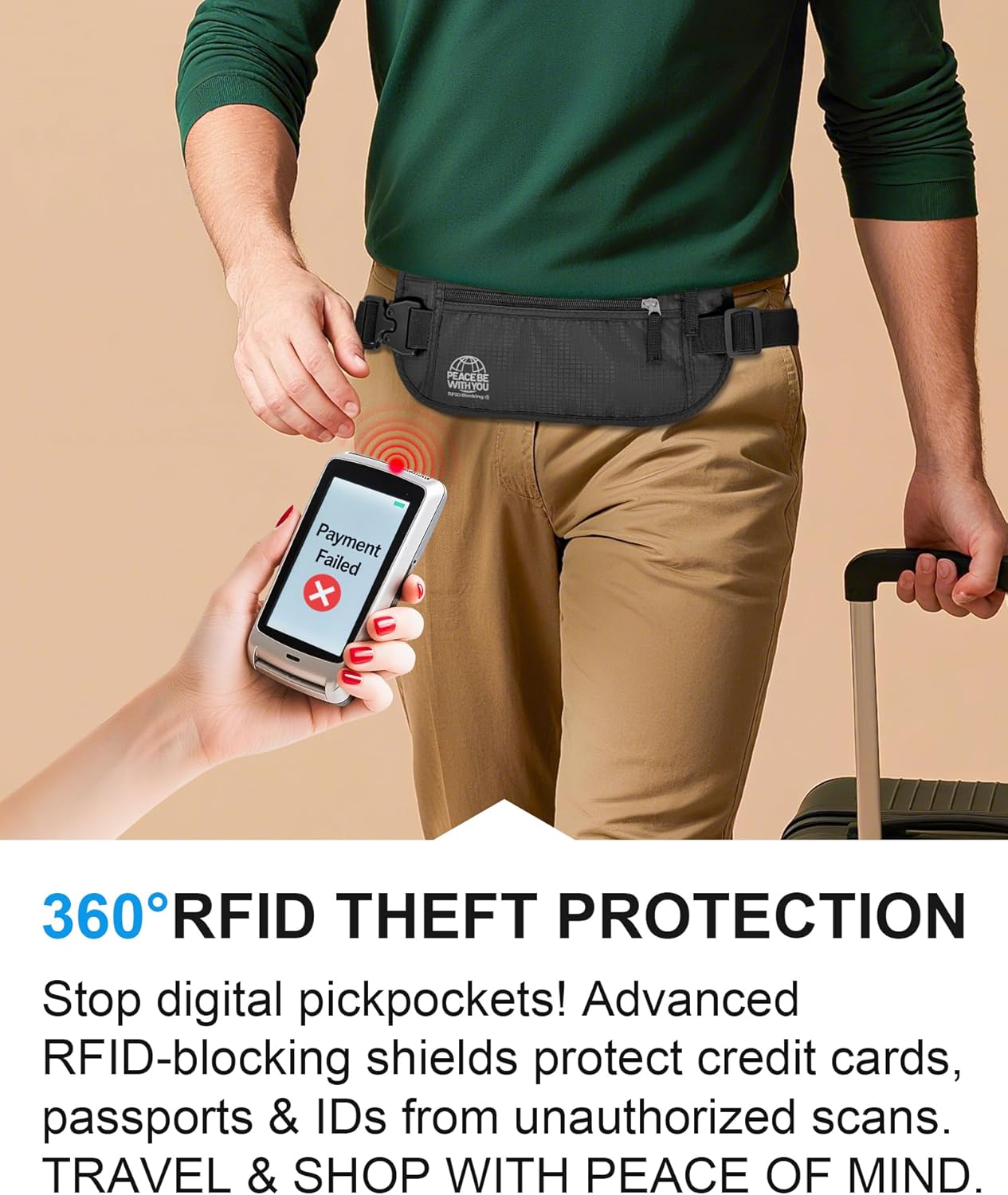 Hidden Money Belt for Travel, RFID Blocking, Sweat-Proof, Heavy-Duty Buckle, 3rd Gen Waist Wallet Anti Theft to Protect Cash, Credit Cards and Documents Under-Clothes for Men & Women, Black - Image 2