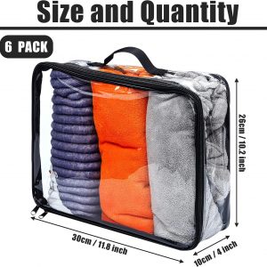 6 Pieces Large Clear Travel Packing Cube Clear Vinyl Zippered Storage Bags See Through Moving Bag PVC Multipurpose Pouch with Handle for Suitcase Shirts Dress Storage (Black, 11.8 x 10.2 x 3.9 Inch)