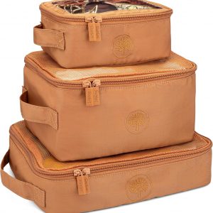 Parker Baby Co. Lightweight Packing Cube Set 3-Pack | Collapsible, Durable, Mesh & Clear Top | Travel Organizer for Diaper Bags, Luggage – Camel/Desert Star