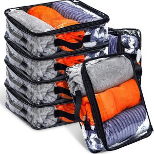 6 Pieces Large Clear Travel Packing Cube Clear Vinyl Zippered Storage Bags See Through Moving Bag PVC Multipurpose Pouch with Handle for Suitcase Shirts Dress Storage (Black, 11.8 x 10.2 x 3.9 Inch)