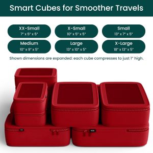 NOBL Travel Compressible Packing Cubes Set, 6 Pieces Travel Packing Organizers, Compression Luggage Cubes for Suitcases & Carry On, Space Saving – Cherry Red