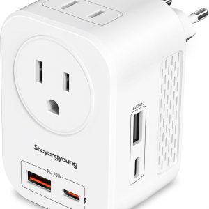 220V to 110V Voltage Converter US to Europe International Universal Travel Adapter,20W PD With 2 USB A 2 Type-C Port,Worldwide Power Converter Plug Combo US to Italy Spain Greece WHITE-IE