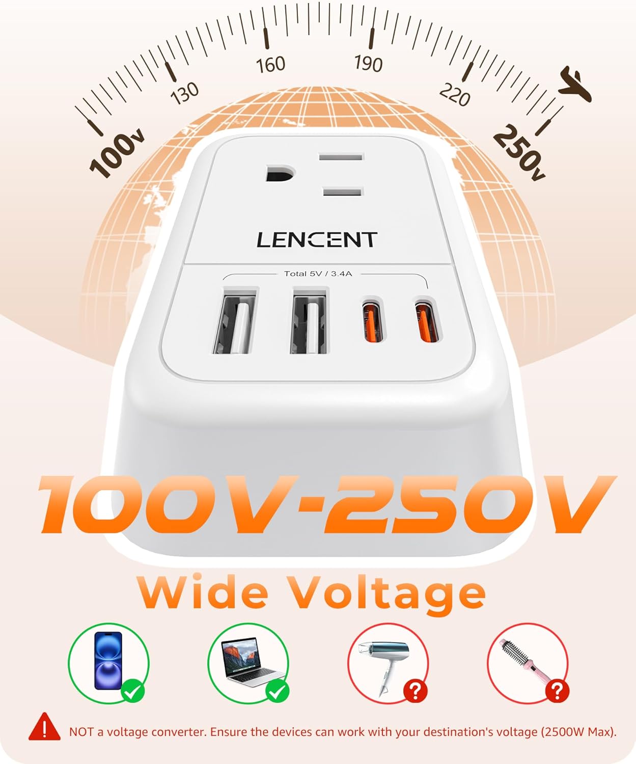 LENCENT Foldable India Travel Plug Adapter, US to India Power Plug Adapter with 4 Outlets, 4 USB Charger(2 USB C), Type D Adaptor for USA to India Bangladesh Maldives Nepal Pakistan, Safe Grounded - Image 5