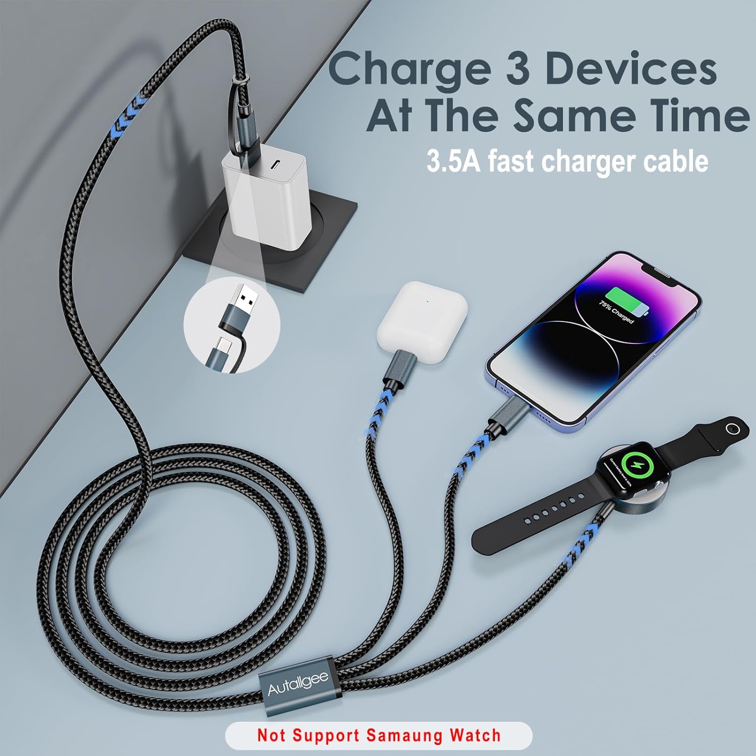 Travel Essentials,Multi Charging Cable for Apple Watch Charger/iPhone Charger/Samsung Charger,Airplane Gadgets RV Essentials for iWatch Ultra/10-2/iPhone 17-11/Samsung S25-S20,airPods,Car-4FT Black - Image 8