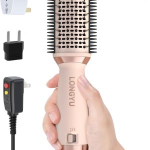 Longyu Travel Dual Voltage Hair Dryer Brush Mini Hot Air Brush with European Plug 110V-240V One Step Blow Dryer and Styler Volumizer for Home & Salon