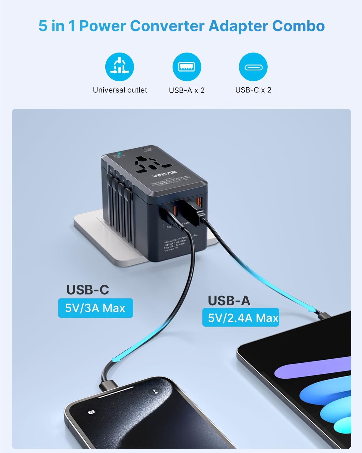 220V to 110V Travel Voltage Converter, VINTAR 2000W International Universal Voltage Converter US to Europe Adapter with 4 USB Ports (2 USB C), Step Down Power Converter Adapter Combo for EU UK US AUS - Image 6