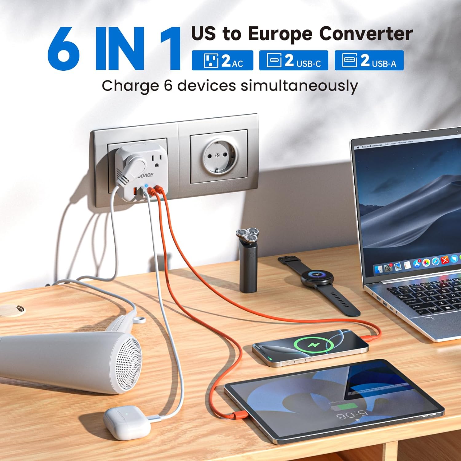 DOACE Voltage Converter US to Europe, 2000W Power Converter European Travel Converter for Hair Dryer, 220V to 110V Converter, Power Converter Adapter Combo with 4 USB Ports, White - Image 2