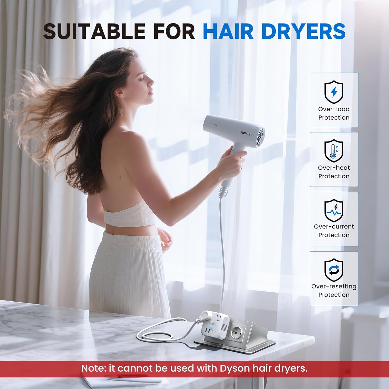 DOACE Voltage Converter US to Europe, 2000W Power Converter European Travel Converter for Hair Dryer, 220V to 110V Converter, Power Converter Adapter Combo with 4 USB Ports, White - Image 4