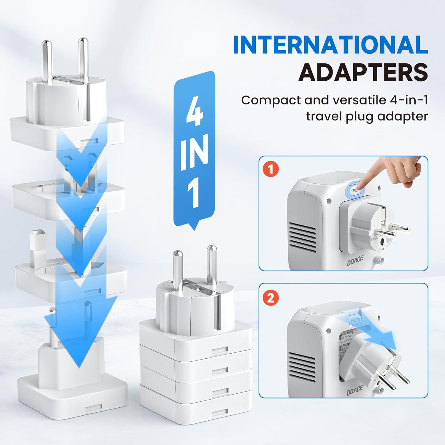 DOACE Voltage Converter US to Europe, 2000W Power Converter European Travel Converter for Hair Dryer, 220V to 110V Converter, Power Converter Adapter Combo with 4 USB Ports, White - Image 5