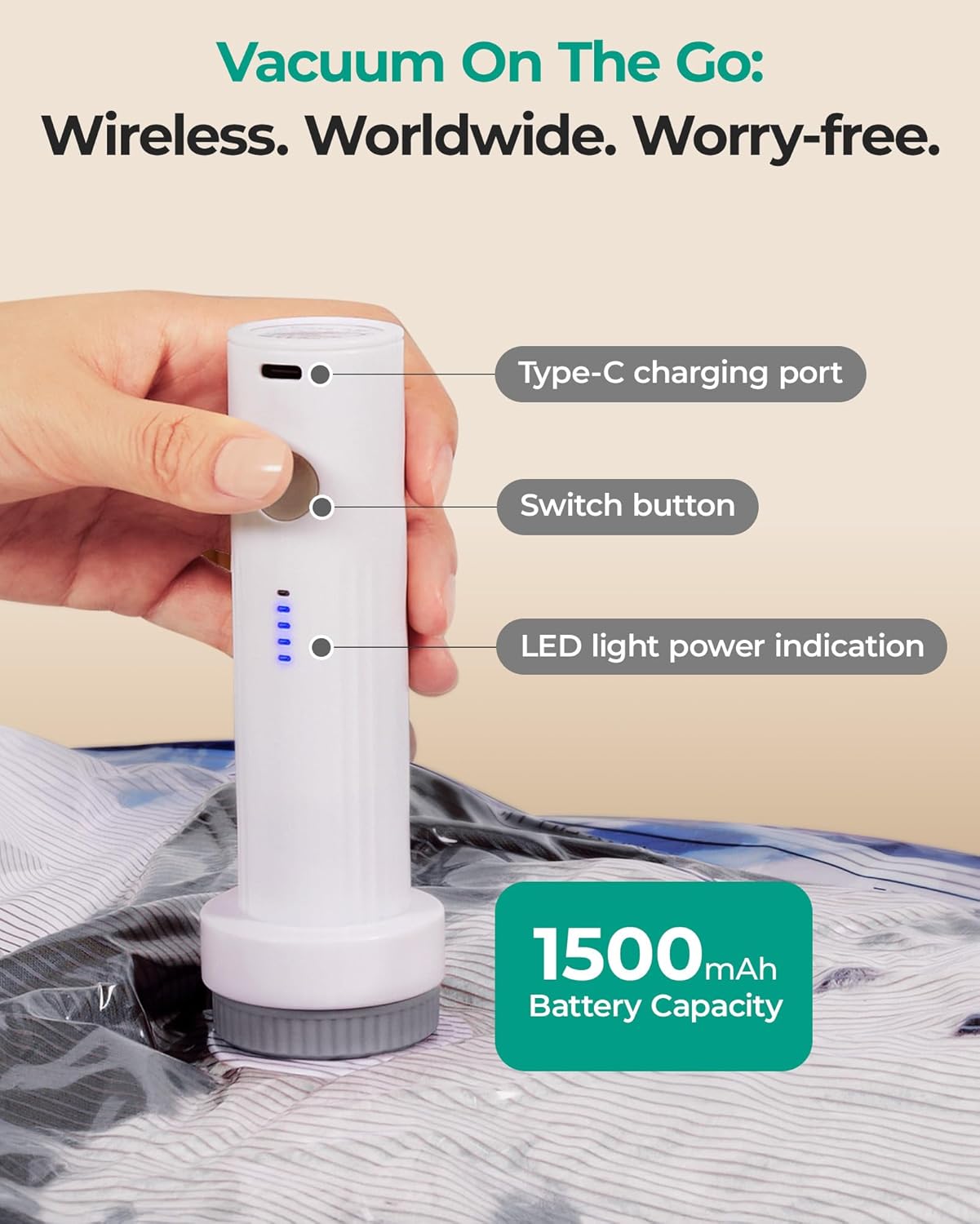 BAGSMART Vacuum Storage Bags for Travel with Rechargeable Air Pump, 15 Pack Portable Space Saver Bags for Travel & Home, Vacuum Compression Seal Bag for Clothing, Blanket, Duvets - Image 2