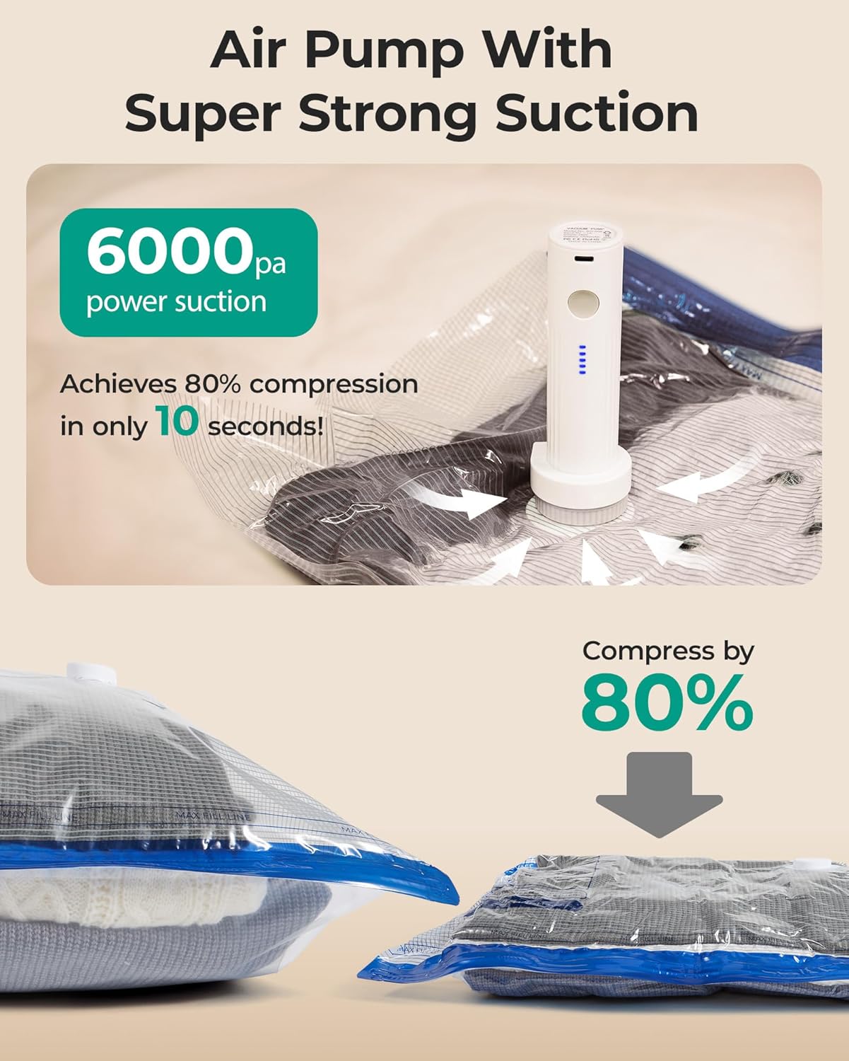 BAGSMART Vacuum Storage Bags for Travel with Rechargeable Air Pump, 15 Pack Portable Space Saver Bags for Travel & Home, Vacuum Compression Seal Bag for Clothing, Blanket, Duvets - Image 5