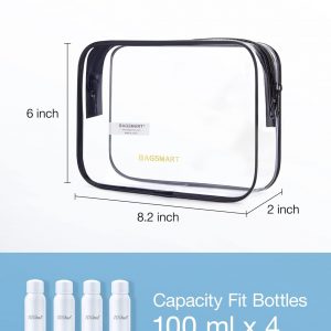 BAGSMART Clear Toiletry Bag, 2 Pack TSA Approved Travel Toiletry Bag Carry on Travel Accessories Bag Airport Airline Quart Size Bags Water Repellent Makeup Cosmetic Bag for Women (Black-2pcs)