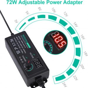 Universal Power Supply 3V~24V 3A 72W Adjustable Variable AC/DC Adapter Charger, 100V-240V AC to DC Converter with LED Voltage Display & 14 Tips & Polarity Converter & Test Lead